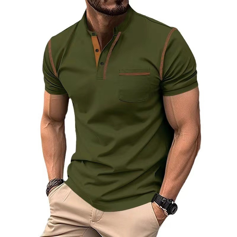 Men's Henley Neck Short Sleeve T-Shirt with Contrast Stitch Detail