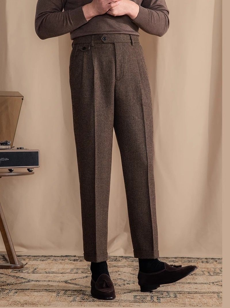 Men's Italian Herringbone Linen Wool Blend Ankle Trousers