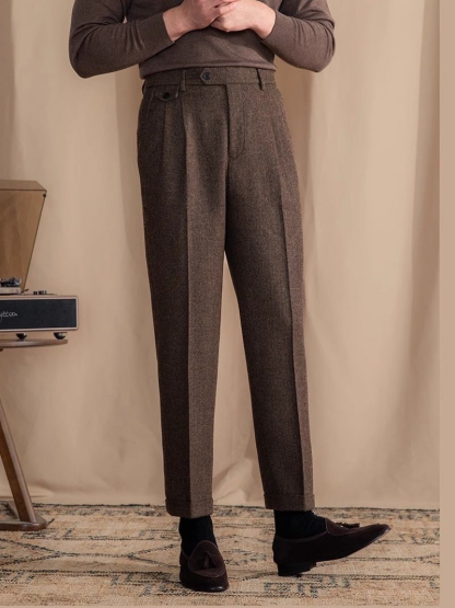 Men's Italian Herringbone Linen Wool Blend Ankle Trousers