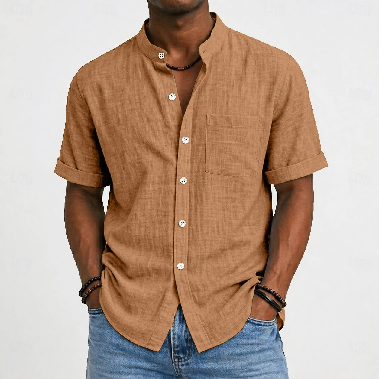 Men's Mandarin Collar Cotton Linen Short Sleeve Shirt – Casual Lightweight Style