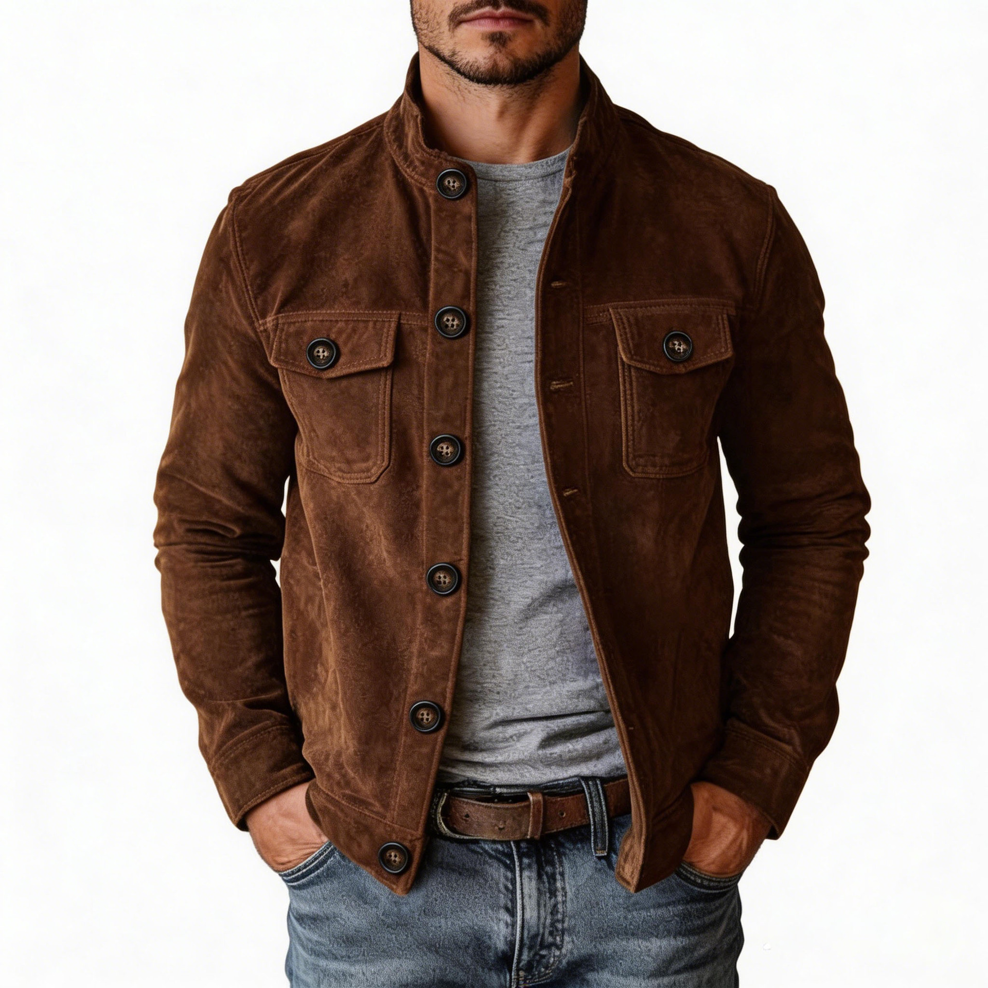 Men's Faux Suede Stand Collar Jacket – Casual Button-Up Outerwear