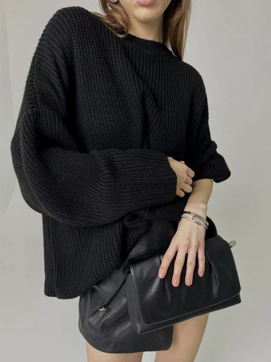 Women’s Solid Color Knit Sweater – Casual Loose Crewneck Pullover for Spring & Autumn