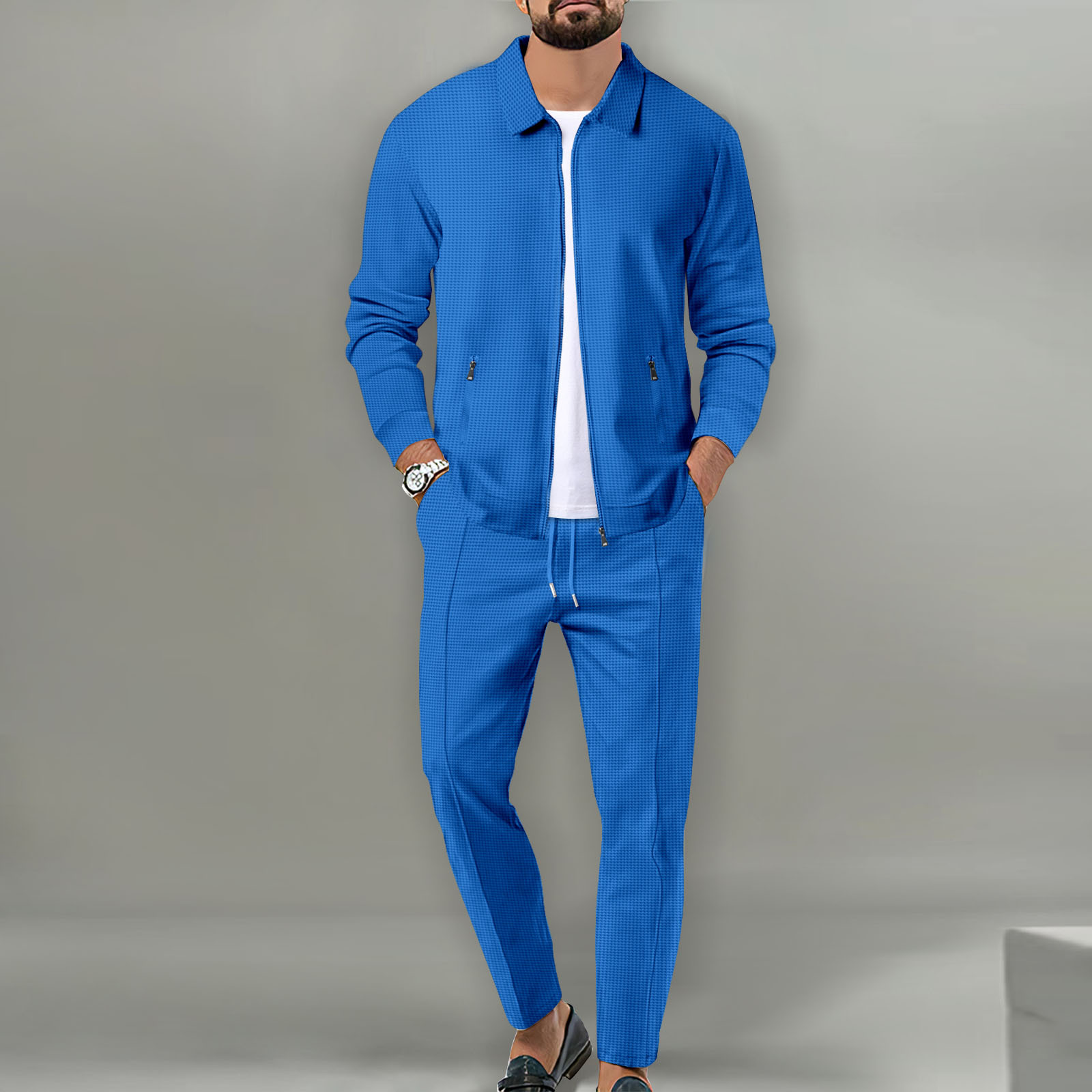 Men’s Waffle Knit Jacket Set – Slim Fit Zip-Up Cardigan with Pockets