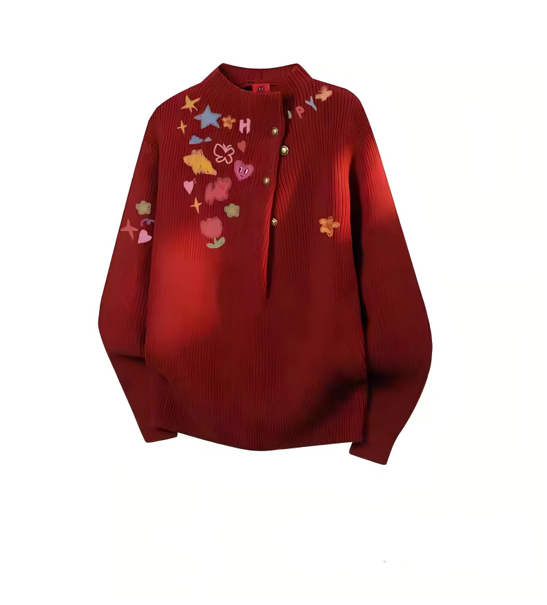 Unisex Heart Graffiti Half High-Neck Knit Sweater