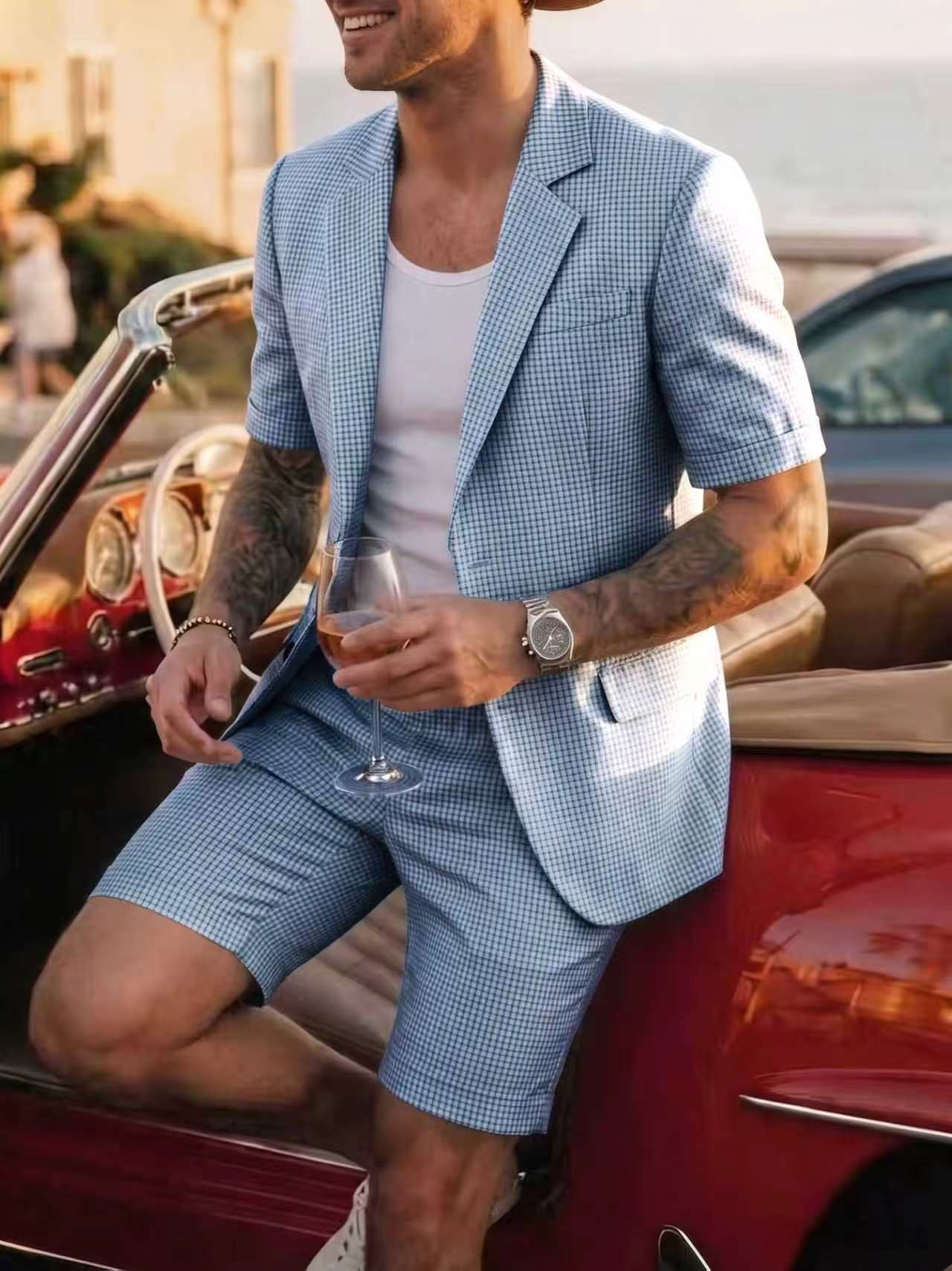 Men's Summer British Plaid Business Casual Suit Set