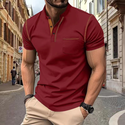 Men's Henley Neck Short Sleeve T-Shirt with Contrast Stitch Detail