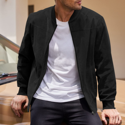 Men’s Suede-Look Stand Collar Bomber Jacket