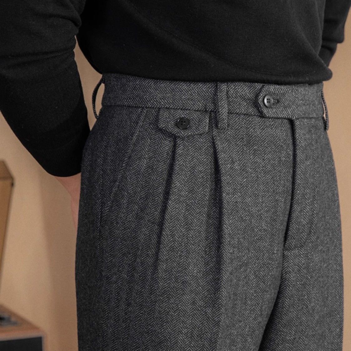 Men's Italian Herringbone Linen Wool Blend Ankle Trousers