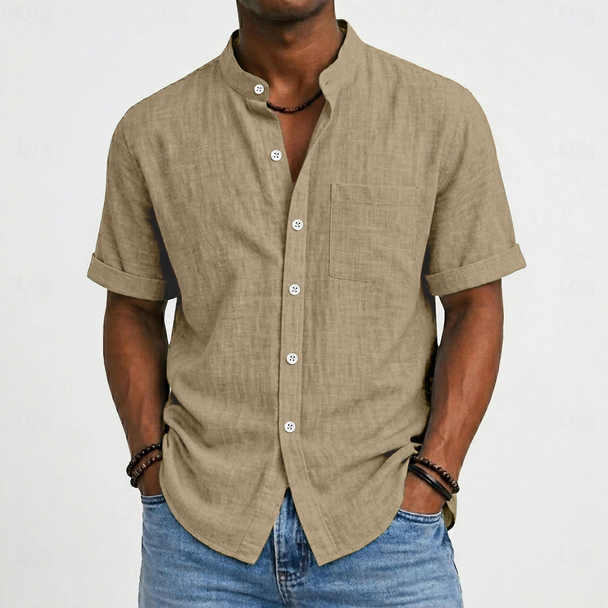 Men's Mandarin Collar Cotton Linen Short Sleeve Shirt – Casual Lightweight Style