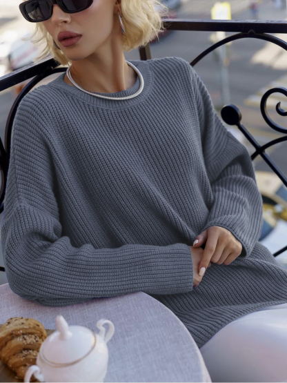 Women’s Solid Color Knit Sweater – Casual Loose Crewneck Pullover for Spring & Autumn