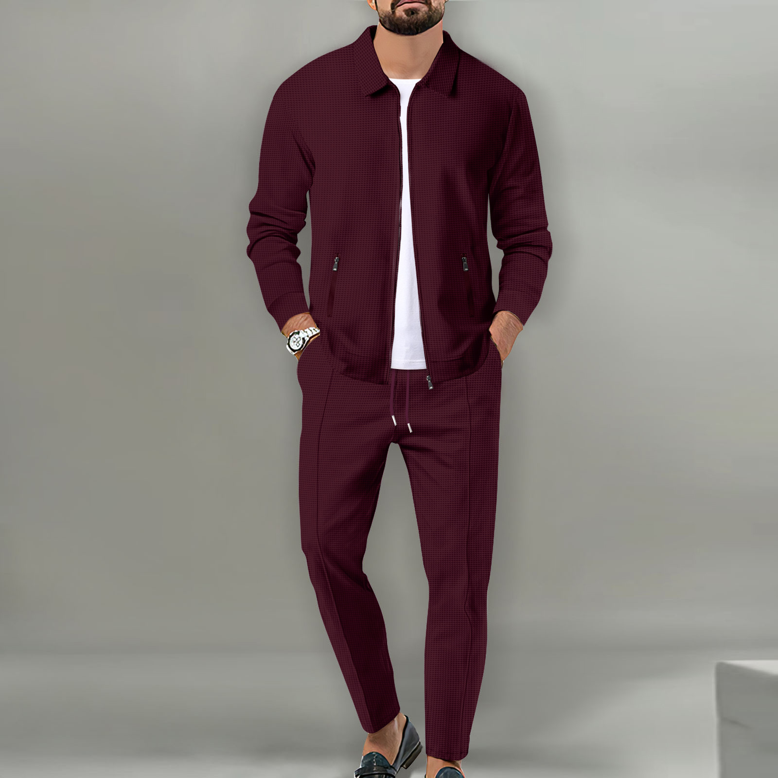 Men’s Waffle Knit Jacket Set – Slim Fit Zip-Up Cardigan with Pockets
