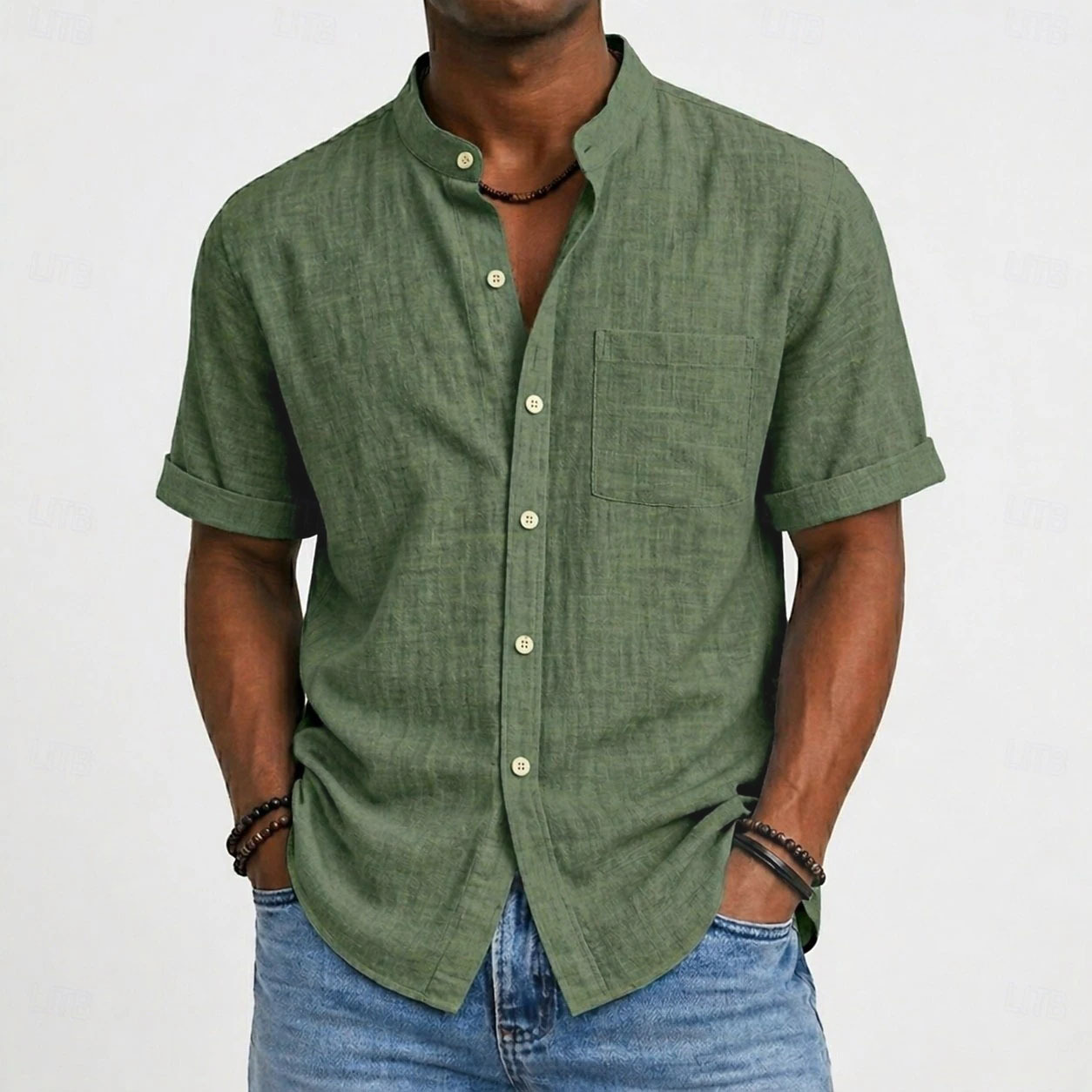 Men's Mandarin Collar Cotton Linen Short Sleeve Shirt – Casual Lightweight Style
