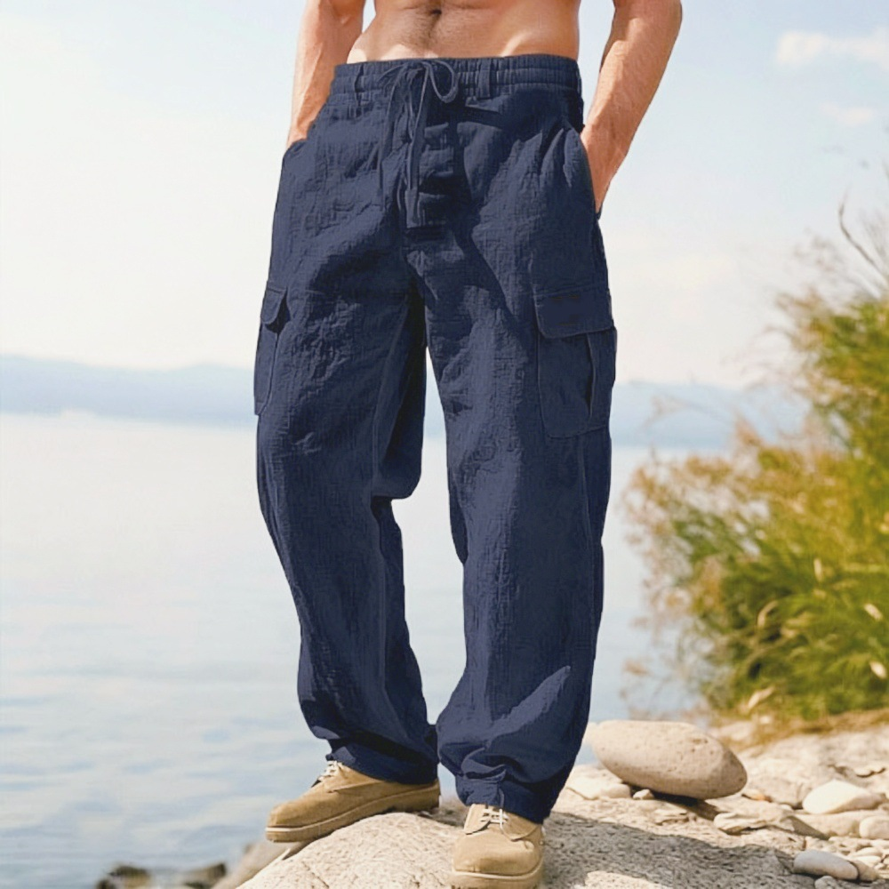 Men’s Breathable Linen Cargo Pants with Multi-Pockets