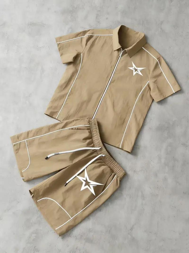 Men's Star Print Short Sleeve Zipper Shirt & Gym Shorts Set