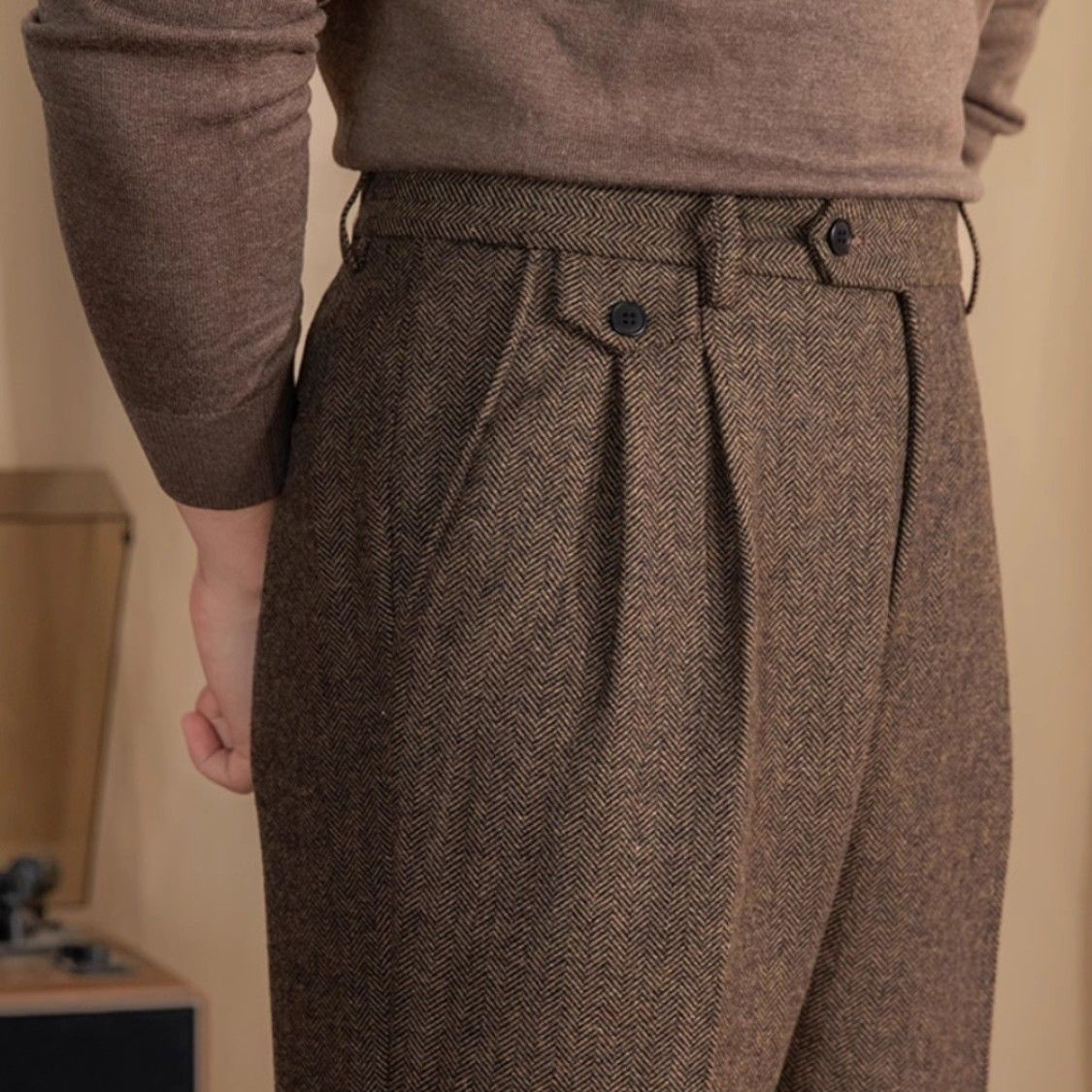 Men's Italian Herringbone Linen Wool Blend Ankle Trousers