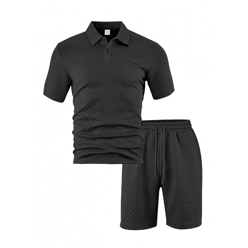 Men's Summer Textured Polo Shirt & Shorts 2-Piece Set