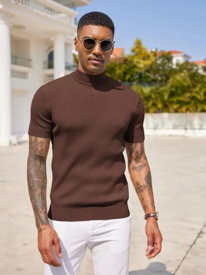 Men's Mock Turtleneck Short Sleeve Ribbed Knit Top