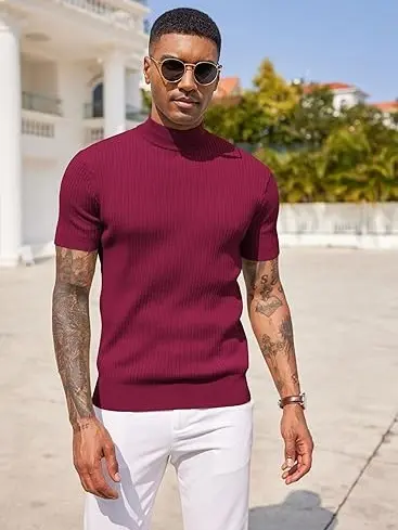 Men's Mock Turtleneck Short Sleeve Ribbed Knit Top