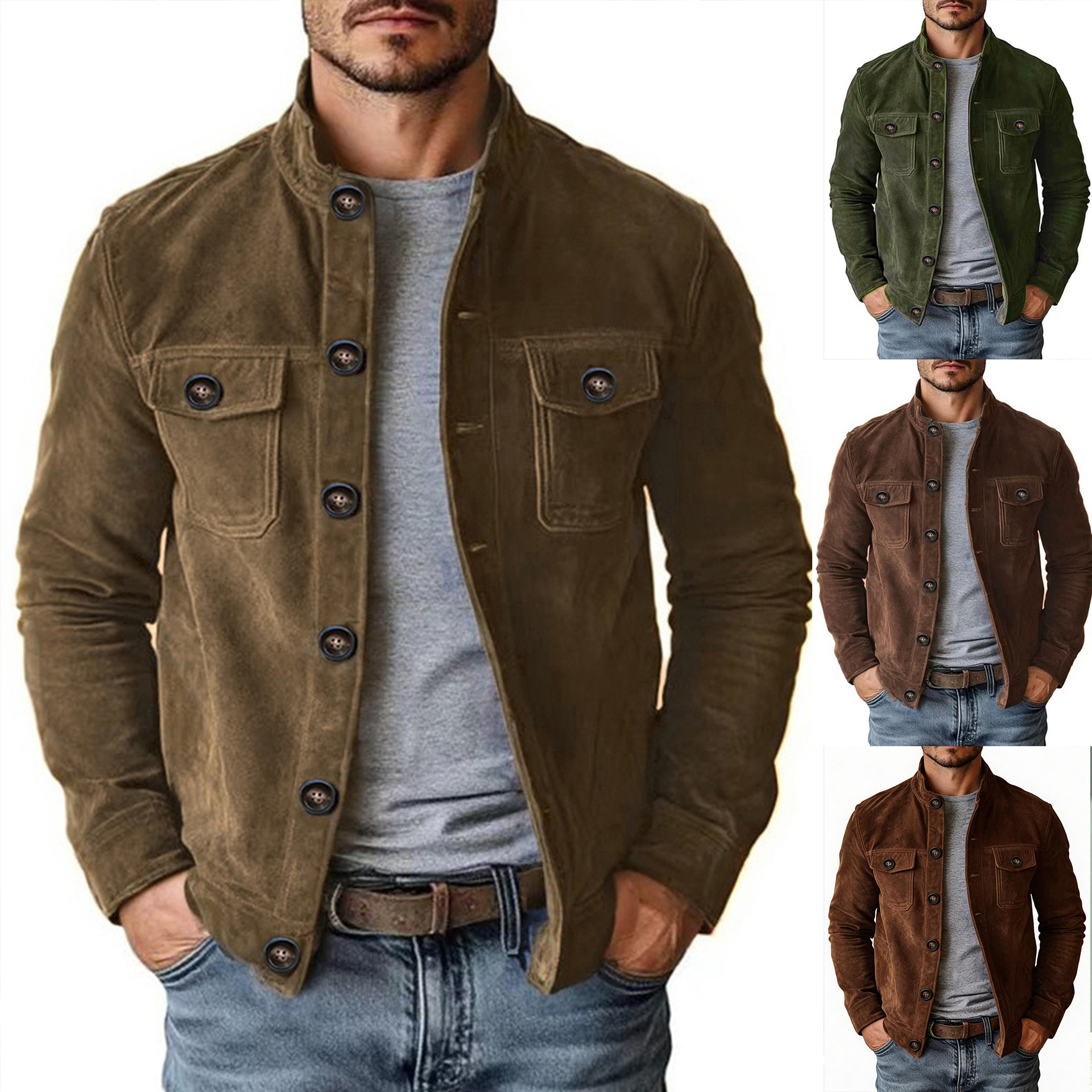Men's Faux Suede Stand Collar Jacket – Casual Button-Up Outerwear