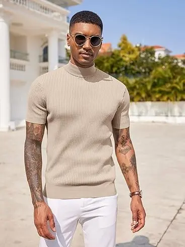 Men's Mock Turtleneck Short Sleeve Ribbed Knit Top