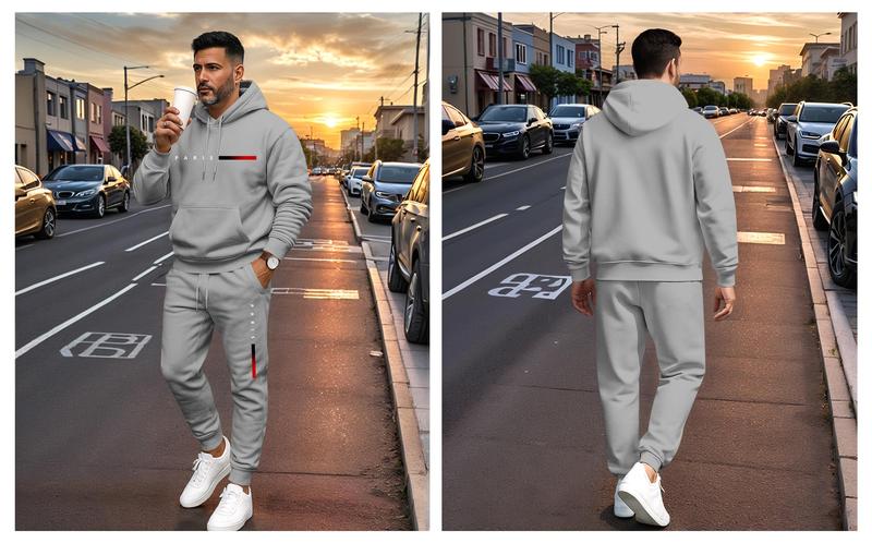 Men's Paris Letter Printed Hoodie and Drawstring Sweatpants Set, Menswear, Casual Athletic Long Sleeve Hooded Jacket & Trousers for Fall & Winter, Men's Clothing for Daily Wear, Sportswear Indoor Outdoor, Tracksuit, Athleisure Summer Clothes