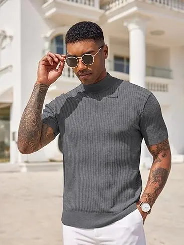 Men's Mock Turtleneck Short Sleeve Ribbed Knit Top