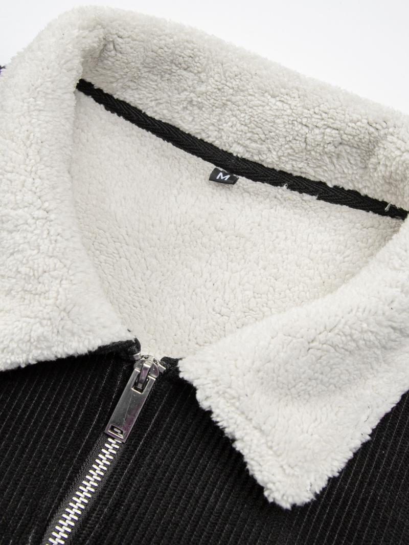 Vintage Corduroy Collar Jacket with Faux Lambswool Lining, Double Chest Patch Pockets, Elbow Badge Embellishment - Perfect for Retro Enthusiasts, Everyday Street Style & Casual Gatherings