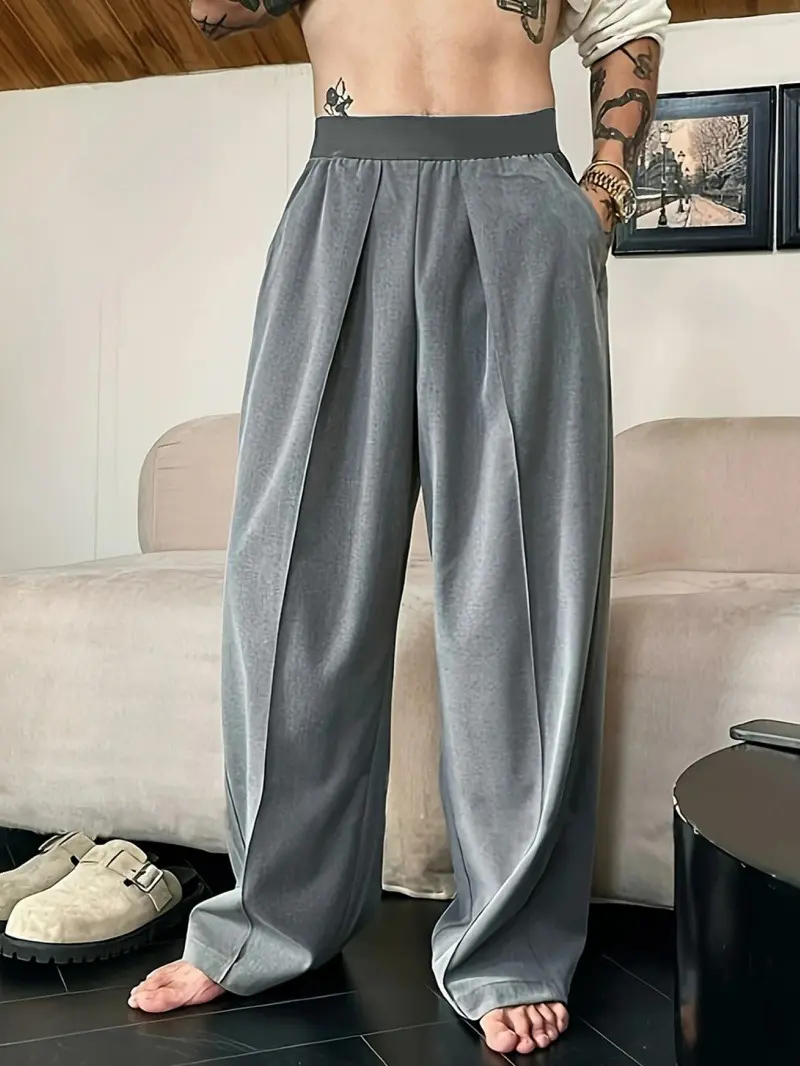 Men's Solid Color Pleated Loose Wide-Leg Dress Pants Relaxed Fit Draped Straight-Leg Trousers with Elastic Waistband & Slant Pockets for Commuting Business Travel All-Season Wear - Formal