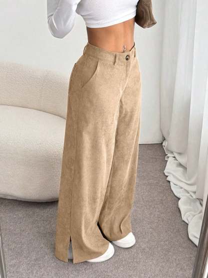 Ladies' High Waist Corduroy Wide Leg Pants
