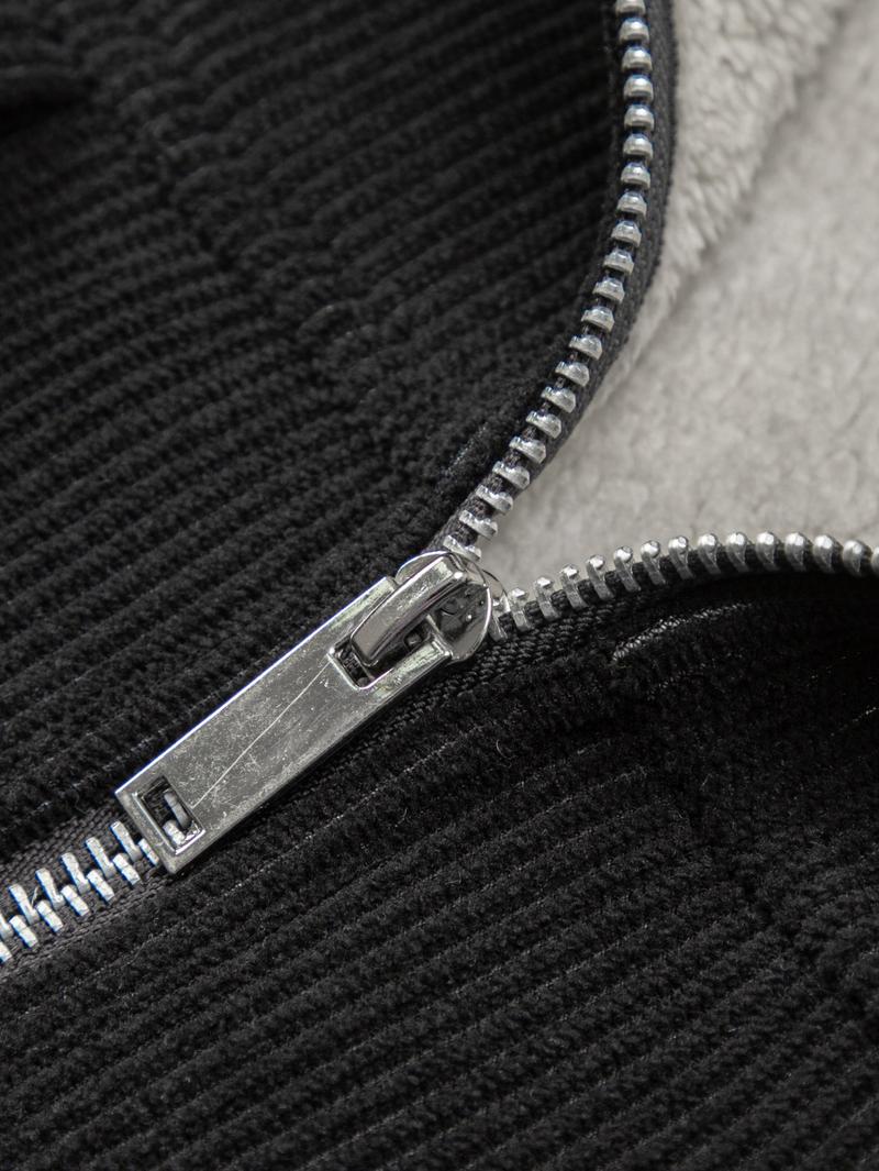 Vintage Corduroy Collar Jacket with Faux Lambswool Lining, Double Chest Patch Pockets, Elbow Badge Embellishment - Perfect for Retro Enthusiasts, Everyday Street Style & Casual Gatherings