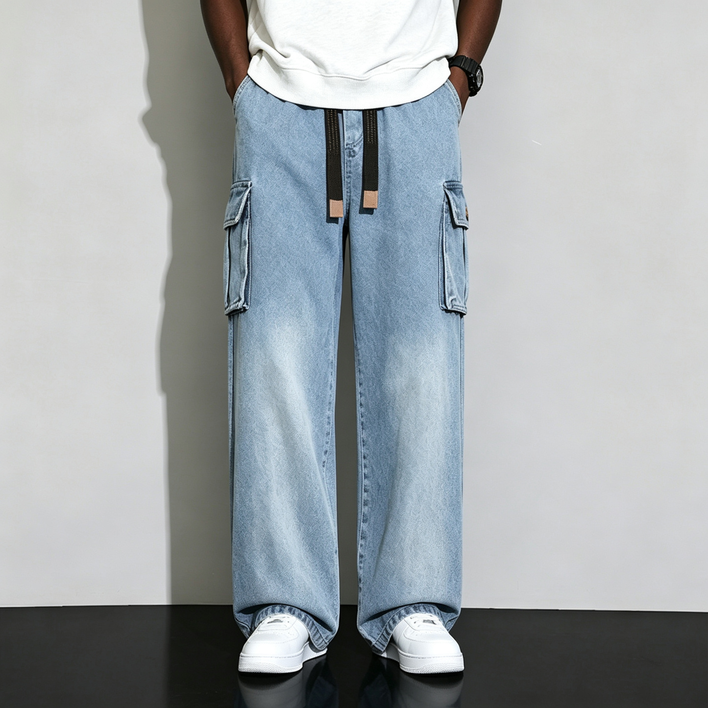 Men's Gradient Wash Wide-Leg Cargo Jeans - Elastic Waist Baggy Denim Pants with Drawstring