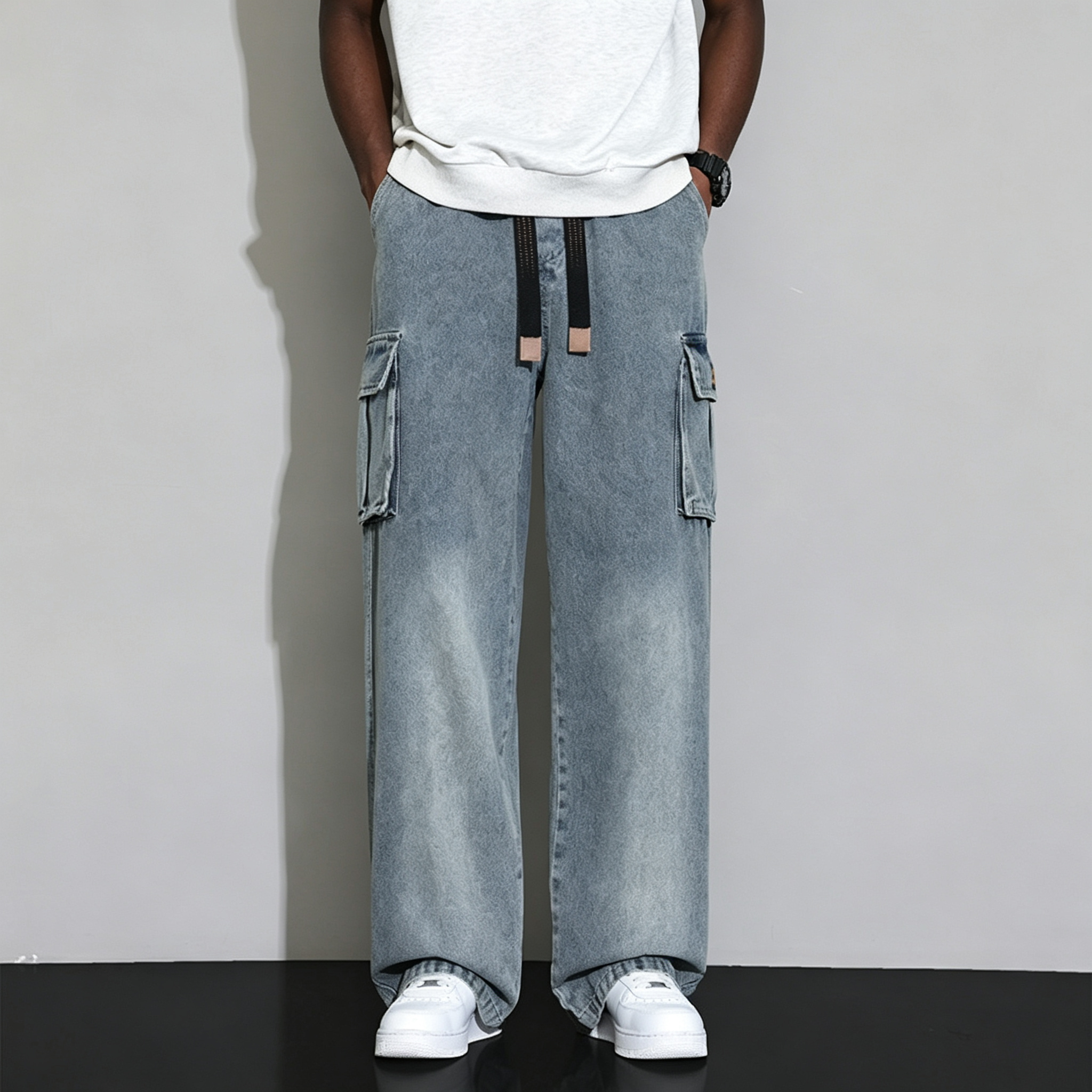 Men's Gradient Wash Wide-Leg Cargo Jeans - Elastic Waist Baggy Denim Pants with Drawstring