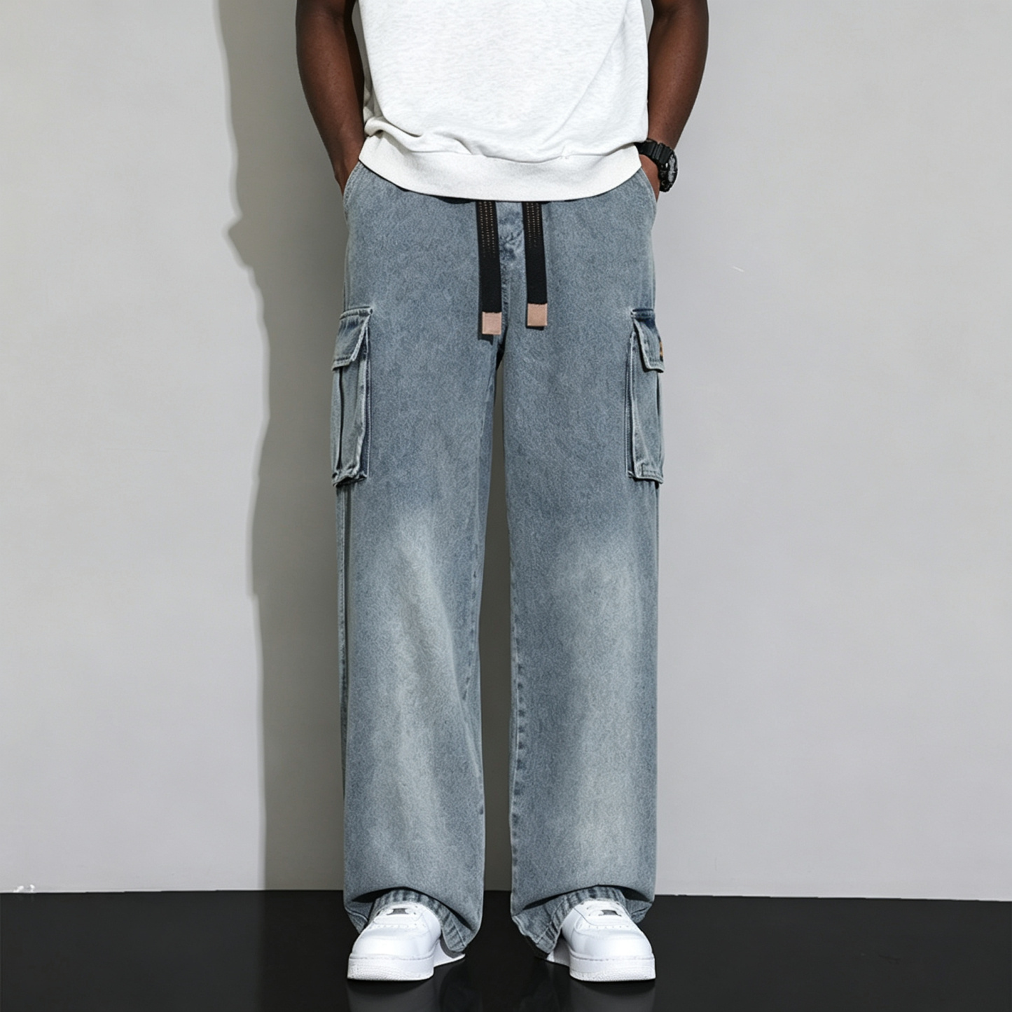 Men's Gradient Wash Wide-Leg Cargo Jeans - Elastic Waist Baggy Denim Pants with Drawstring