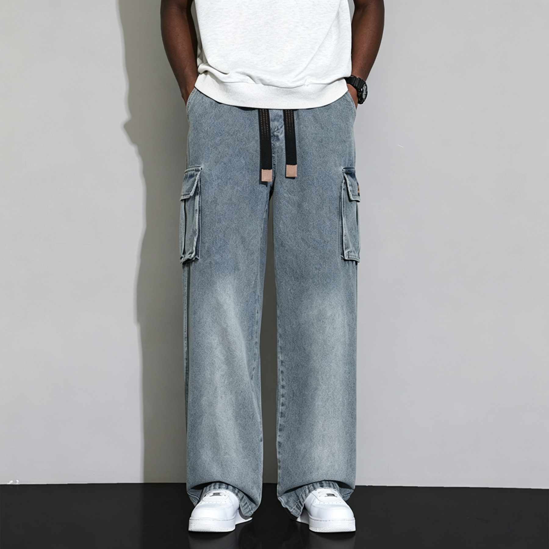 Men's Gradient Wash Wide-Leg Cargo Jeans - Elastic Waist Baggy Denim Pants with Drawstring
