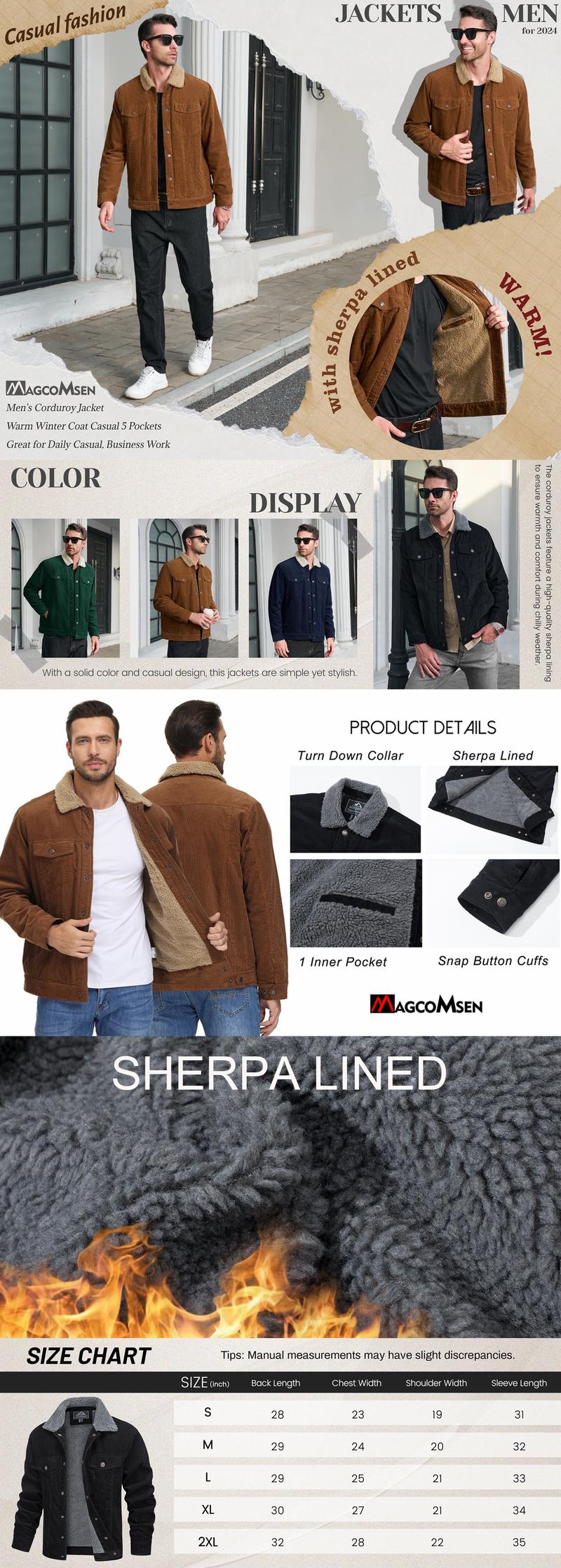 MAGCOMSEN Men's Corduroy Jacket Sherpa Lined Trucker Jackets Cotton Turn-Down Collar Warm Winter Jacket Casual Coat 5 Pockets Outdoorfun FallFreshness