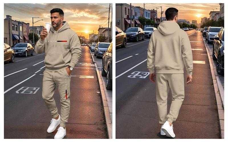 Men's Paris Letter Printed Hoodie and Drawstring Sweatpants Set, Menswear, Casual Athletic Long Sleeve Hooded Jacket & Trousers for Fall & Winter, Men's Clothing for Daily Wear, Sportswear Indoor Outdoor, Tracksuit, Athleisure Summer Clothes