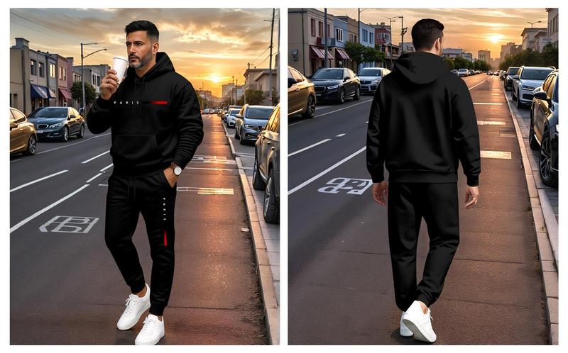 Men's Paris Letter Printed Hoodie and Drawstring Sweatpants Set, Menswear, Casual Athletic Long Sleeve Hooded Jacket & Trousers for Fall & Winter, Men's Clothing for Daily Wear, Sportswear Indoor Outdoor, Tracksuit, Athleisure Summer Clothes