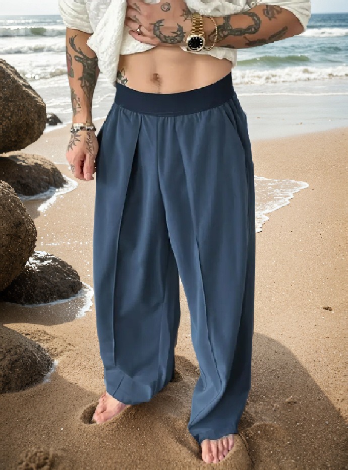 Men's Solid Color Pleated Loose Wide-Leg Dress Pants Relaxed Fit Draped Straight-Leg Trousers with Elastic Waistband & Slant Pockets for Commuting Business Travel All-Season Wear - Formal