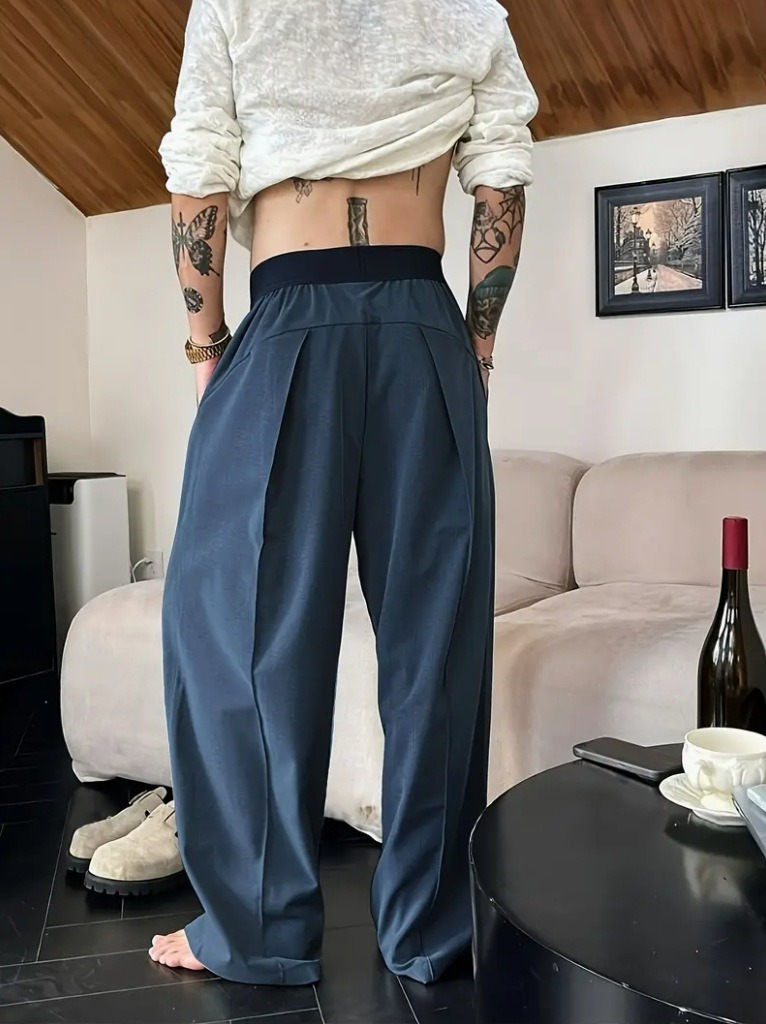 Men's Solid Color Pleated Loose Wide-Leg Dress Pants Relaxed Fit Draped Straight-Leg Trousers with Elastic Waistband & Slant Pockets for Commuting Business Travel All-Season Wear - Formal