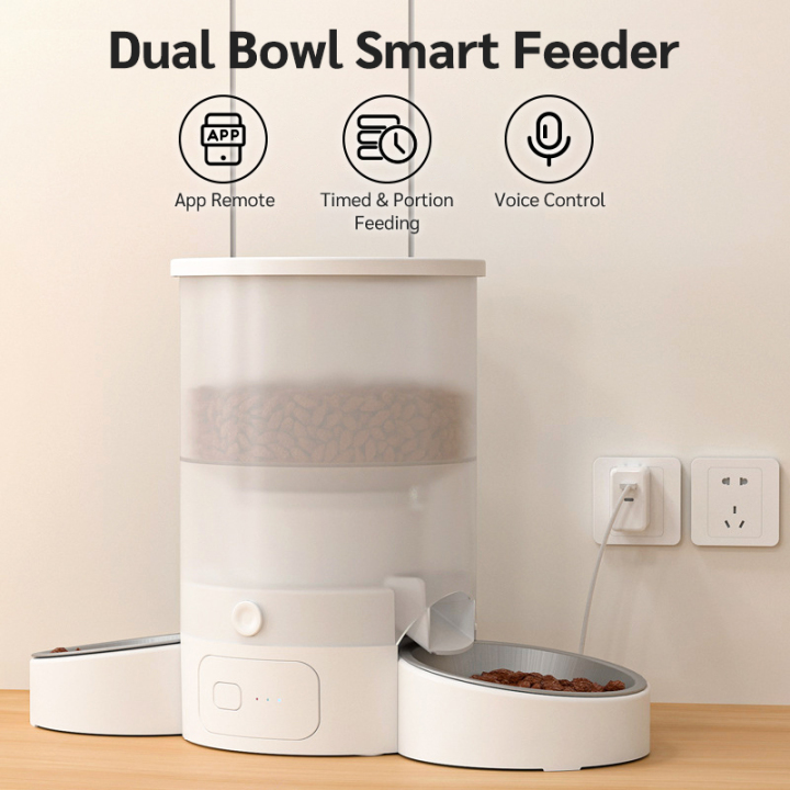 Dual bowl automatic cat feeder for two cats