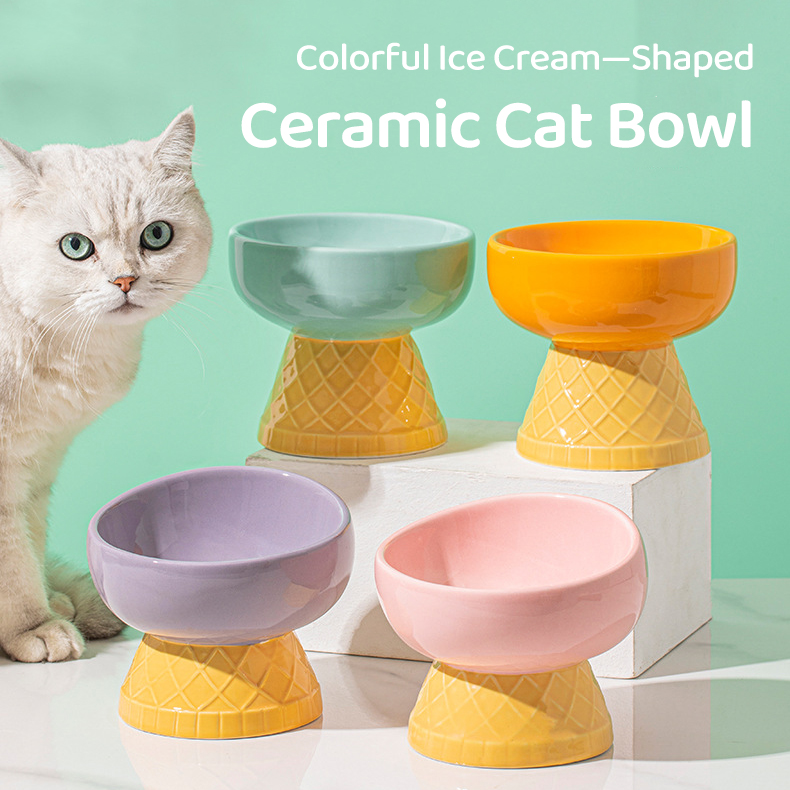 Colorful Ice Cream—Shaped Ceramic Cat Bowl-Petboxok