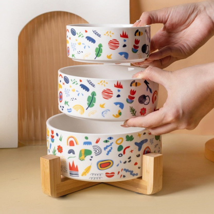 Ceramic Pet Bowl with Bamboo Base-Petboxok