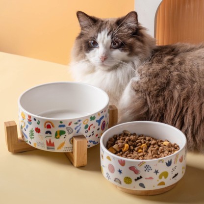 Ceramic Pet Bowl with Bamboo Base-Petboxok