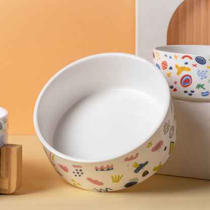 Ceramic Pet Bowl with Bamboo Base-Petboxok