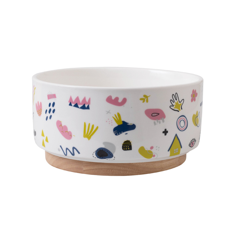 Ceramic Pet Bowl with Bamboo Base-Petboxok