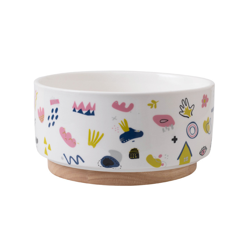 Ceramic Pet Bowl with Bamboo Base-Petboxok