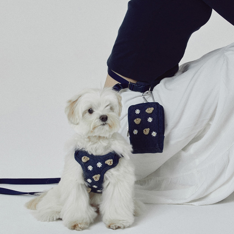 Cute Bear Embroidered Denim Dog Harness Set