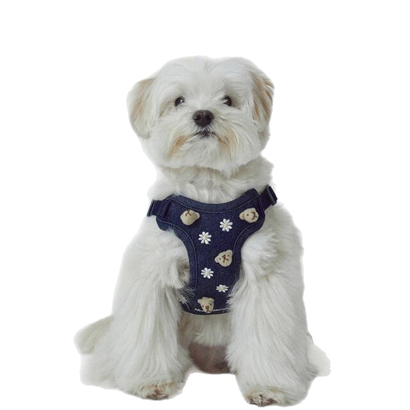 Cute Bear Embroidered Denim Dog Harness Set