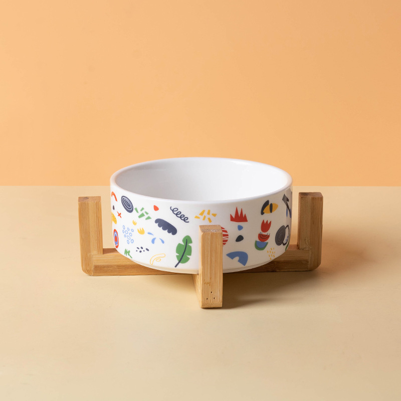 Ceramic Pet Bowl with Bamboo Base-Petboxok