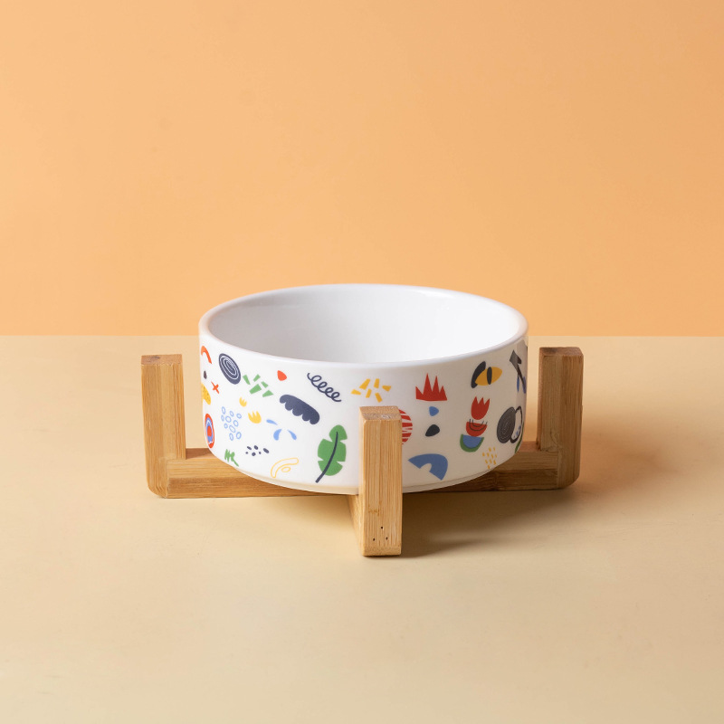 Ceramic Pet Bowl with Bamboo Base-Petboxok
